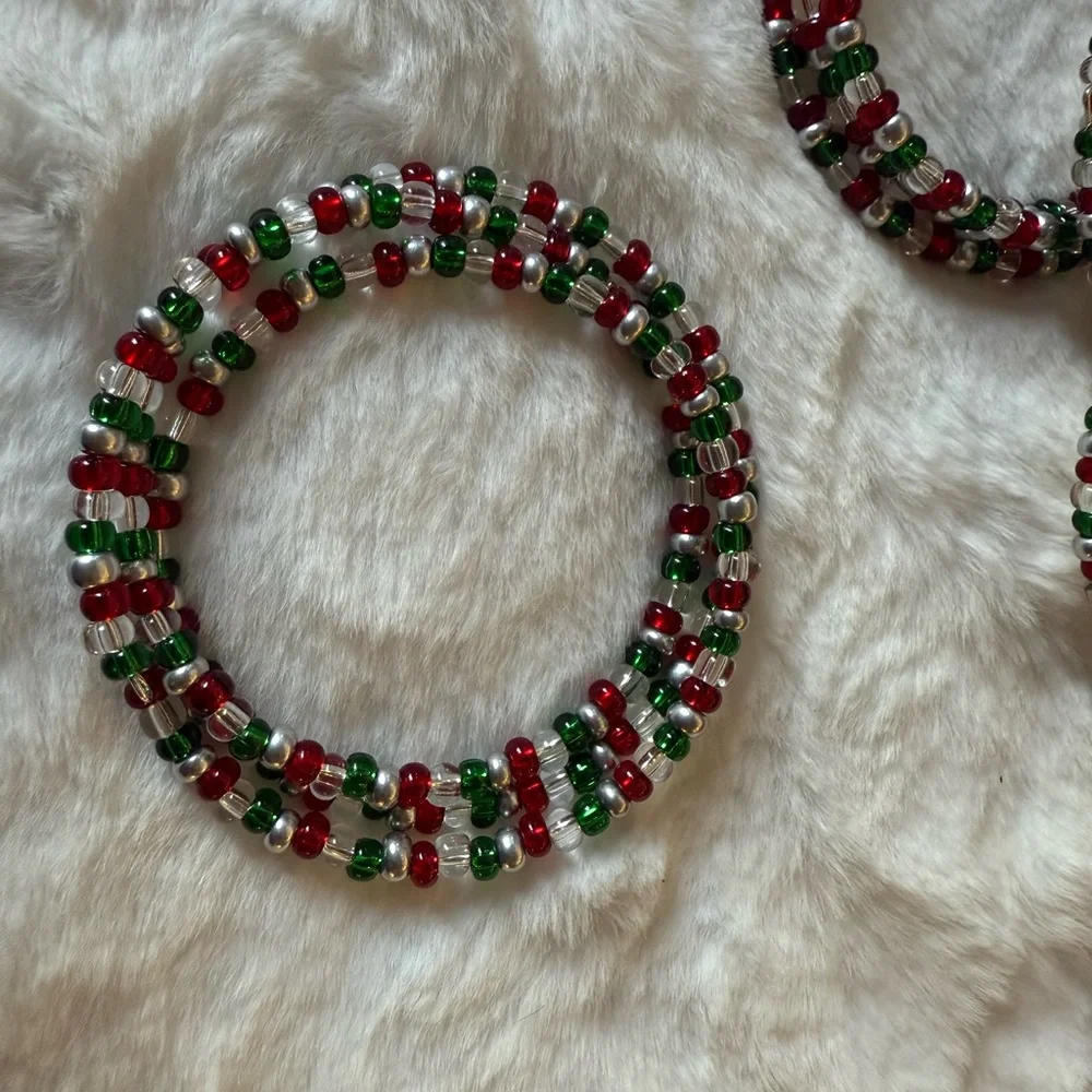 Artisan Made Festive Christmas Beaded Bracelet Set - Red, Green, Clear & Silver